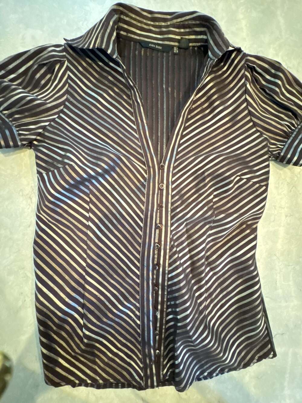 Zara Basic Striped Button-Up Blouse Size L Brown Silver